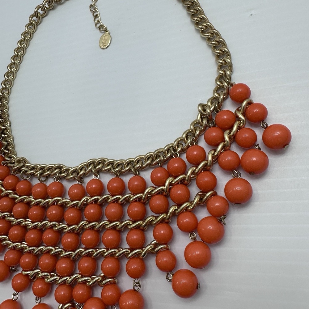 LUCIA Signed Orange Beaded Statement Necklace Gold Tone Bib Fringe Chunky Bold - Picture 5 of 10
